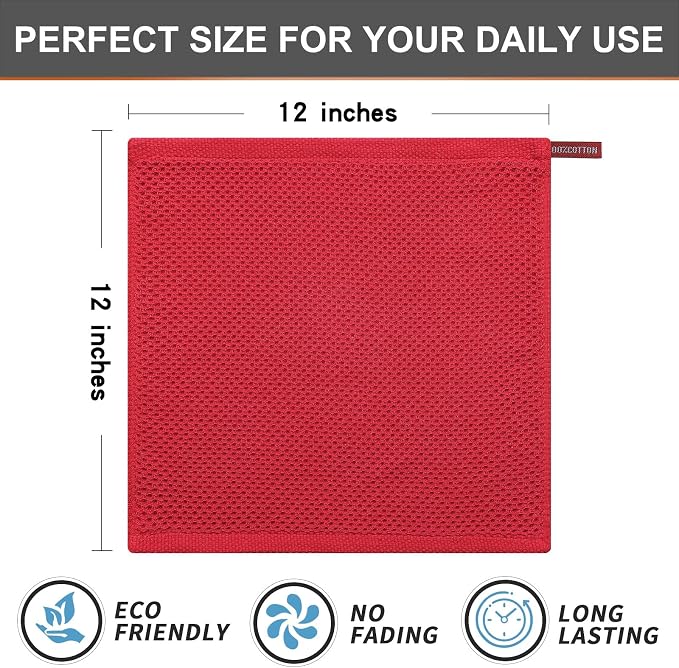 Kitinjoy 100% Cotton Kitchen Dish Cloths (12 X 12 Inches, Red), 12 Pack Waffle Weave Ultra Soft Absorbent Dish Towels for Drying Dishes Quick Drying Kitchen Towels Dish Rags