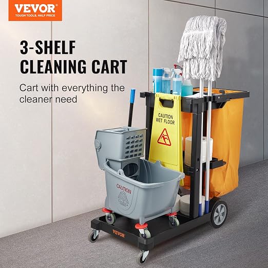 VEVOR Cleaning Cart, 3-Shelf Commercial Janitorial Cart, 200 lbs Capacity Plastic Housekeeping Cart, with 25 Gallon PVC Bag, 47 x 20 x 38.6in, Yellow & Black