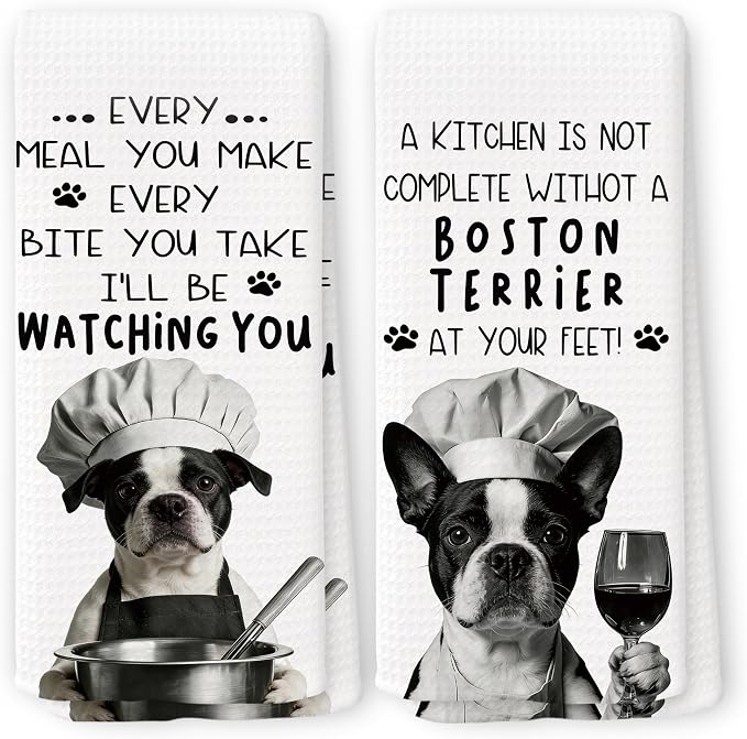 Funny Boston Terrier Dog Kitchen Towels 16x24 Inch Set of 2 | Boston Terrier Gifts for Women Men Dish Tea Towels for Kitchen, Dog Lover Mom Dad Owner Gifts Decorative Hand Towel