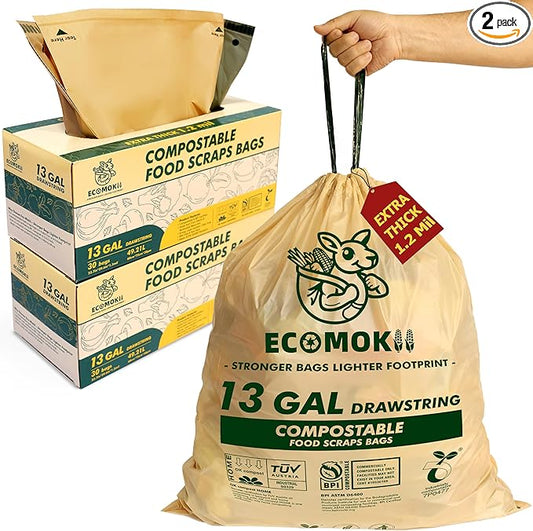 EcoMokii Compostable Trash Bags 13 Gallon with Drawstring, 60 Count, 49.2 Liter, 1.2 Mil Heavy Duty Compost Bags Extra Thick for Tall Kitchen Garbage Can, Unscented Food Waste Bag, BPI (ASTM D6400)