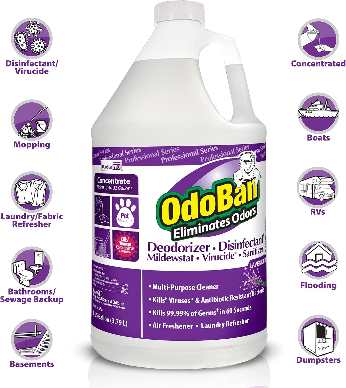 OdoBan Professional Disinfectant and Odor Eliminator Concentrate, Made in the USA, Lavender Scent, 4-Pack, 1 Gallon Each