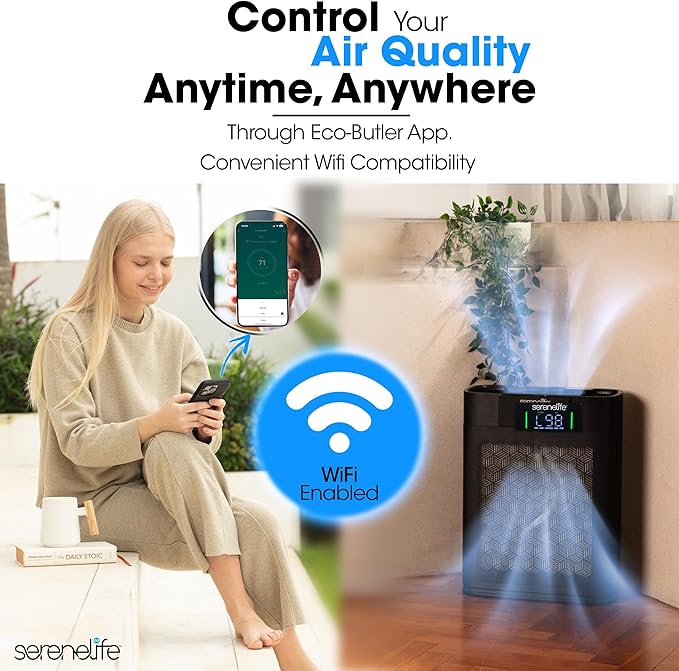 SereneLife Air Purifier for Home - Smart Room Air Purifier with Sleep and Automatic Modes, WiFi and App Control, Ultra Quiet, Removes Dust, Pet Hair and Odor for Large Rooms up to 1,076 Sq Ft (Black)