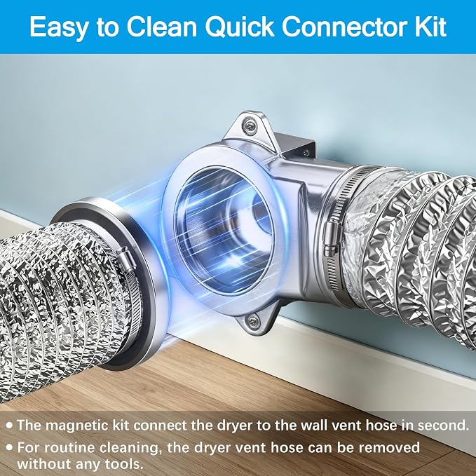 Magnetic Dryer Vent Connector Kit, Easy to Clean Quick Connector 90° Dryer Vent Coupling with 3.3ft of 4" Hose and 2 Clamps
