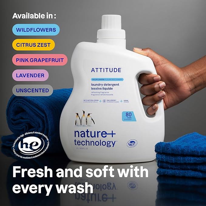ATTITUDE Liquid Laundry Detergent, EWG Verified, HE Compatible, Plant-Based & Vegan, Natural Laundry Soap, Wildflowers, 80 Loads, 67.6 Fl Oz (Pack of 6)