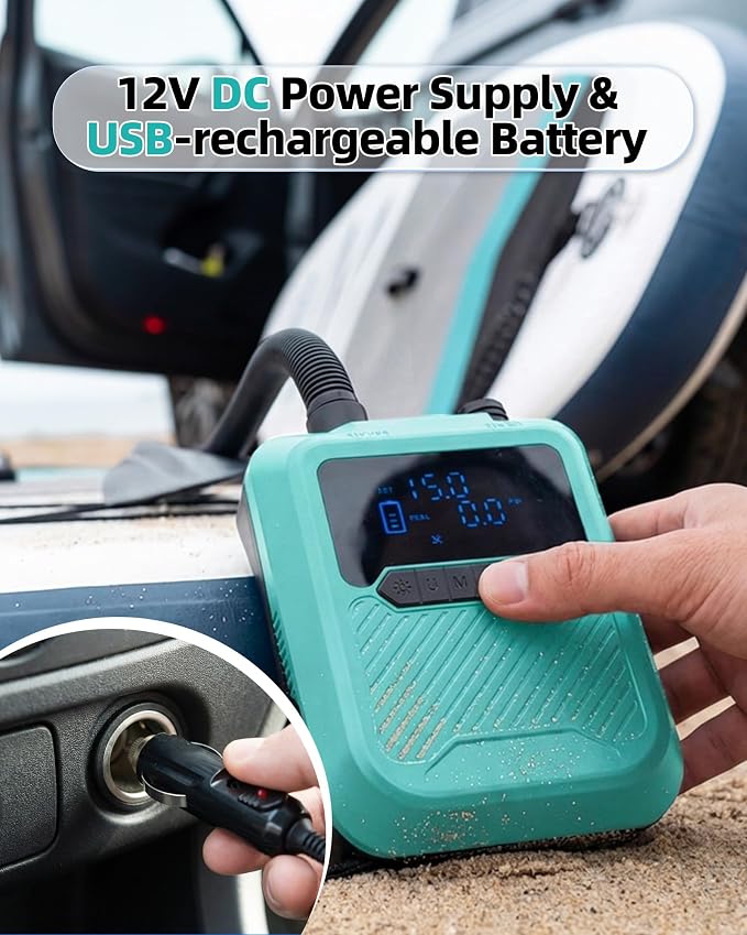 Electric Paddle Board Pump Portable, 20PSI High Pressure SUP Air Pump with Intelligent Dual Stage Inflation, Deflation & Auto-Off Function, Rechargeable Battery & 120W 12V DC Inflator for Kayak Boat