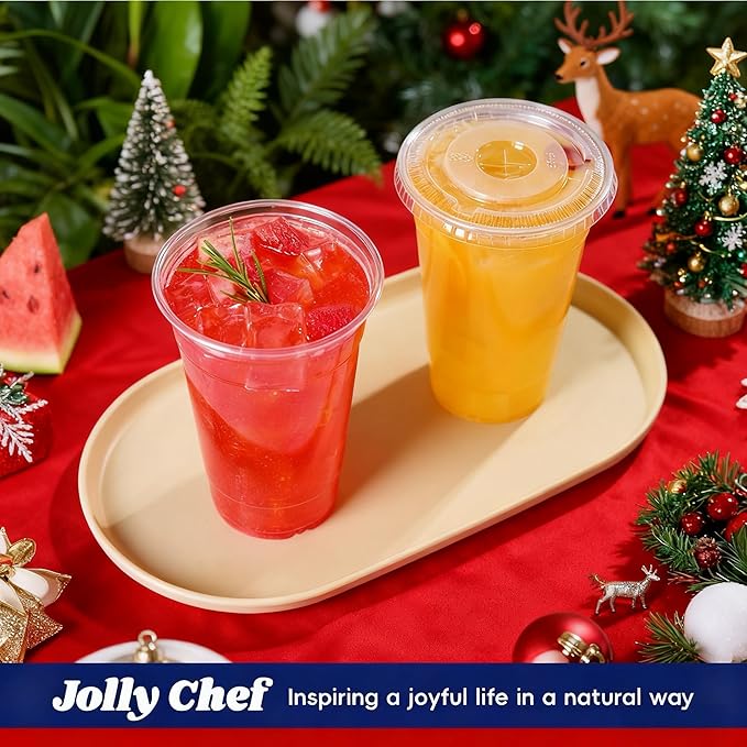 JOLLY CHEF 500 Pack 20 oz Clear Plastic Cups with Flat Lids, Disposable Iced Coffee Cups, Premium Crystal Smoothie Cup for Party, Cold Drinks, Juice, Wedding, Christmas, Birthday, Halloween, Party