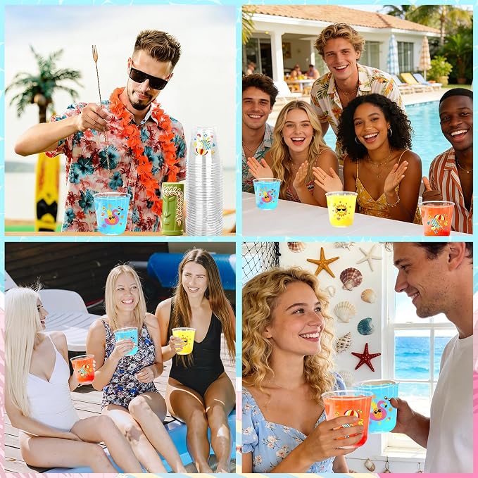 Whaline 60Pcs Pool Party Plastic Cups 12 Oz Disposable Clear Stemless Wine Cocktail Glasses PET Drinkware Cups Set for Summer Beach Hawaiian Luau Birthday Party Supplies