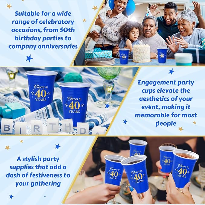 Ziliny 50 Pack 40th Birthday Cups 16 oz Cheers to 40 Years Disposable Plastic Cups Blue and Gold Birthday Party Hot Cold Drinks Tool for Party Wedding Anniversary Supplies Decorations