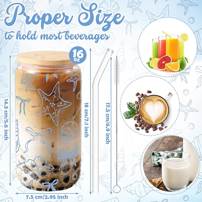 Sliner 2 Pcs Seashell Glass Cups Last Toast on The Coast Bachelorette Gifts Beach Tumbler with Lid Straw Ocean Drinking Glasses 16 oz Blue Iced Coffee Cup for Wedding Bridal Shower Holiday