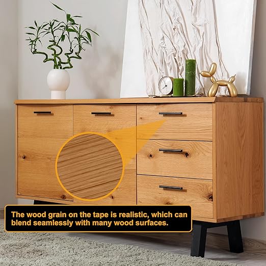 HARFINGTON Wood Grain Repair Tape 15.7 Inch x 33ft Self Adhesive Repair Patch Tape Simulated Wooden Floor Tapes with Plastic Scraper for Tables Doors Windows Furniture, Yellow Fir