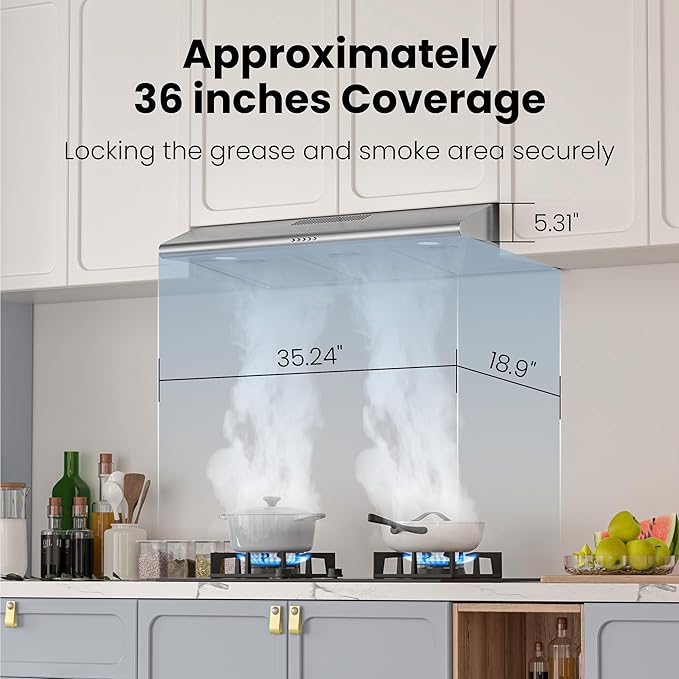 FIREGAS Under Cabinet Range Hood 36 inch with Ducted/Ductless Convertible, Slim Kitchen Vent Hood, LED Light, 3 Speed Exhaust Fan, Reusable Aluminum Filter, Push Button,Charcoal Filter