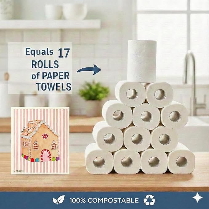 Holiday Christmas Swedish Dishcloth – Reusable Paper Towel Alternative, Ultra-Absorbent Cellulose/Cotton, Machine Washable & Compostable (Gingerbread House, 1-Pack)