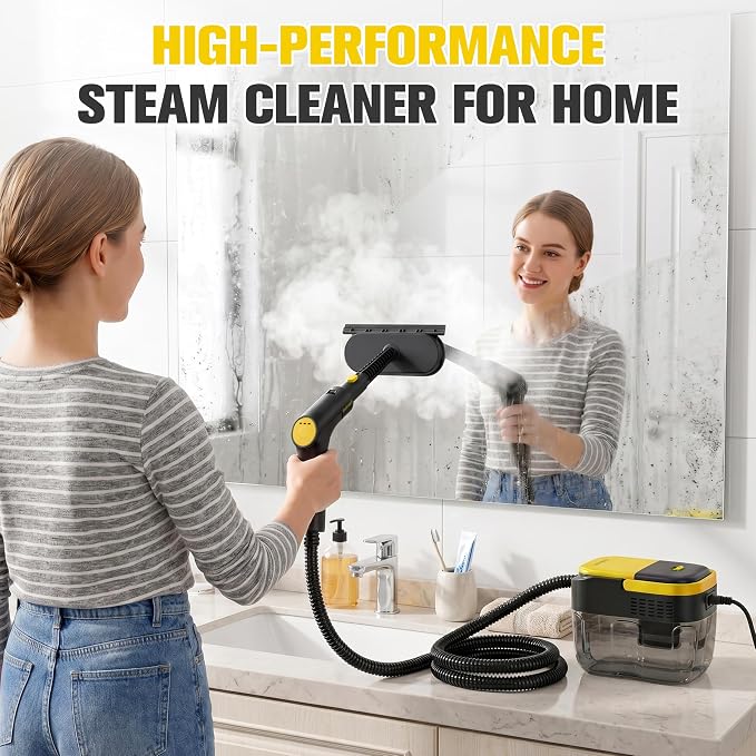 1500W Portable Steam Cleaner,10s Heat-Up,3-Level Adjustable Handle, 1.69 Quarts Large Tank,11 Pcs Accessories, Steamer for Home Dirt, Grout, Floor, Grease,and Car Detailing, Black-Yellow