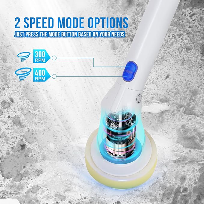 Electric Spin Scrubber, Cordless Cleaning Brush with 6 Replaceable Brush Heads, Adjustable Extension Handle, Power Cleaning Brush for Bathroom, Kitchen, Car, Tile, Wall, Tub and Floor (White)