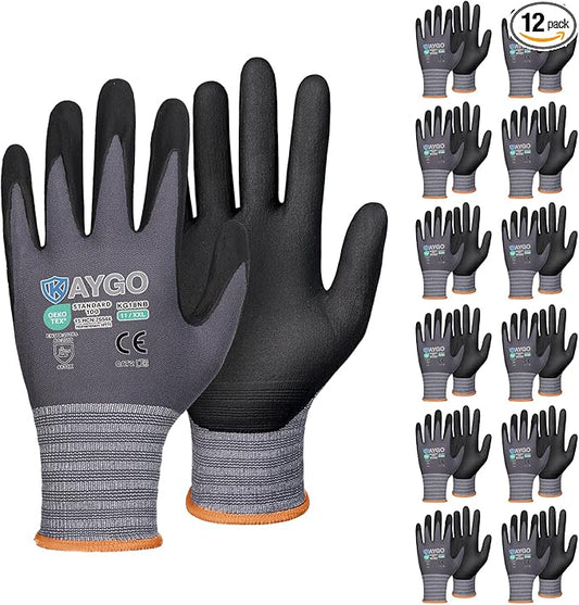 KAYGO Safety Work Gloves MicroFoam Nitrile Coated, 12 Pairs KG18NB,Seamless Knit Nylon Glove for Men and Women, Ideal for Automotive,Warehouse,Construction (2X-Large,Gray)