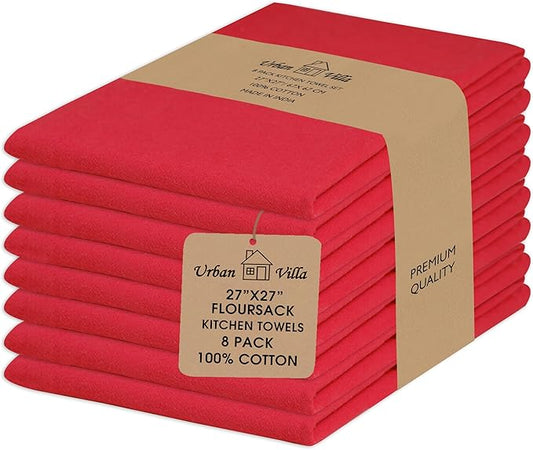 Urban Villa Flour Sack Red Kitchen Towels 100% Cotton Highly Absorbent Dish Towels for Bread Proofing Baking Drying Dinnerware Glass Embroidery DIY Projects Zero Lint 27x27 Inches (8 Pack)