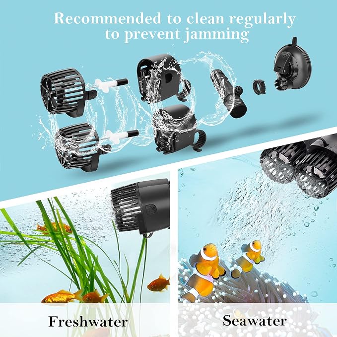 AQQA Dual Head Aquarium Wave Maker, 360° Adjustable Suction Cup Circulation Pump, Quiet Fish Tank Wavemaker, Strong Water Flow Oxygenation Pump for Saltwater Reef & Freshwater, 25W 6605GPH Black