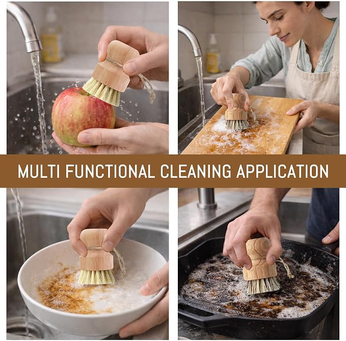 12 Pcs Bamboo Dish Brush Set, Palm Wooden and Sisal Bristles Dish Scrubber, Dish Brushes with Lanyard, Durable Wood Dishes Scrub, Natural Round Vegetable Cleaning Pots Pans Sink Washing Kitchen Brush