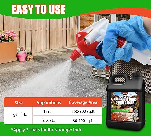Wet Look Stone Sealer - 1 Gal Ultra Gloss Paver Sealer Stone Color Enhancer Concrete Sealer with Long-Lasting Gloss Protection, Stain Proof for Interior and Exterior Slate, Driveway, Floor, Standstone