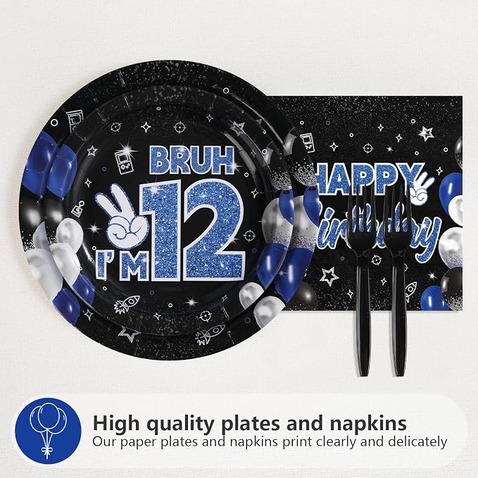 96 Pcs 12th Birthday Decorations for Boys Blue and Black Plates and Napkins Disposable Glitter It's My 12th Birthday Party Supplies for Boys Kids Teenager 12 Years Old Party Decor，Serves 24