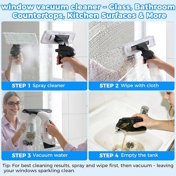 Window Vacuum Squeegee with Extendable Pole 31-40", 2000Pa Electric Window Cleaning Tool with 2200mAh and 150ml Dirty Water Tank, Long Handle Squeegee for Windows, Shower Doors, Mirrors, and Tiles