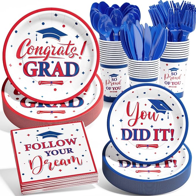 Graduation Decorations Class of 2026, 175 PCS Graduation Party Supplies College High School Grad Decor Disposable Dinnerware (Serve 25) Paper Plates Cup Napkin Fork Knife Spoon ( Red & Blue )
