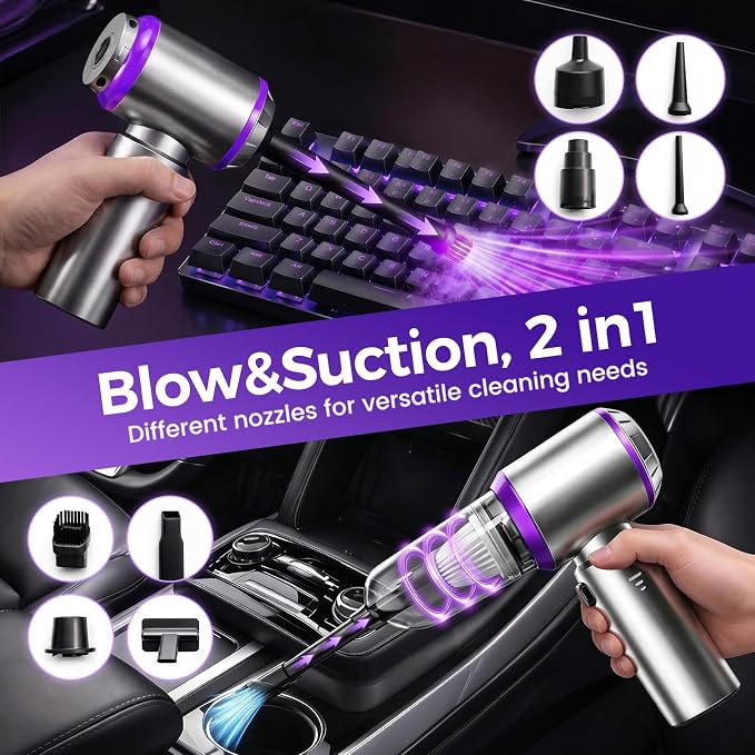 Cordless Mini Hand Car Vacuum Rechargeable, Hand Held Portable Vacuum , 21000PA High Power Small Vacuum Cleaner, Compressed Air Duster & Air Blower & Aspiradora Para Carro for Car, Home, Office, Pet