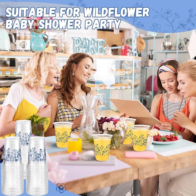 Jingmore 100 Pcs Flower Plastic Cups 12 oz Floral Wildflowers Disposable Clear Drinking Cups Bulk for Summer Spring Wedding Baby Shower Birthday Party Decorations Supplies(Blue Floral,Blue)