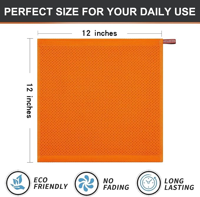 Kitinjoy 100% Cotton Kitchen Dish Cloths (12 X 12 Inches, Orange), 12 Pack Waffle Weave Ultra Soft Absorbent Dish Towels for Drying Dishes Quick Drying Kitchen Towels Dish Rags
