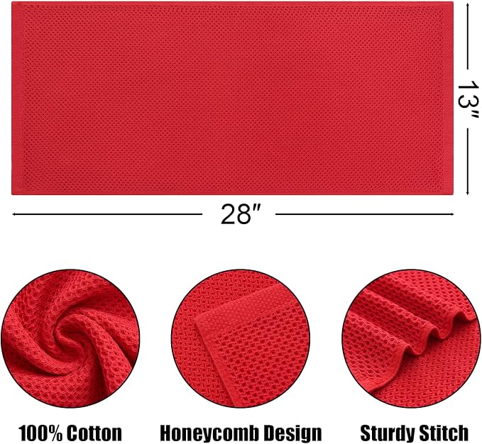 Kitinjoy 100% Cotton Waffle Weave Kitchen Hand Towels (13 x 28 Inches, Red), 4-Pack Super Soft and Absorbent Dish Towels for Drying Dishes