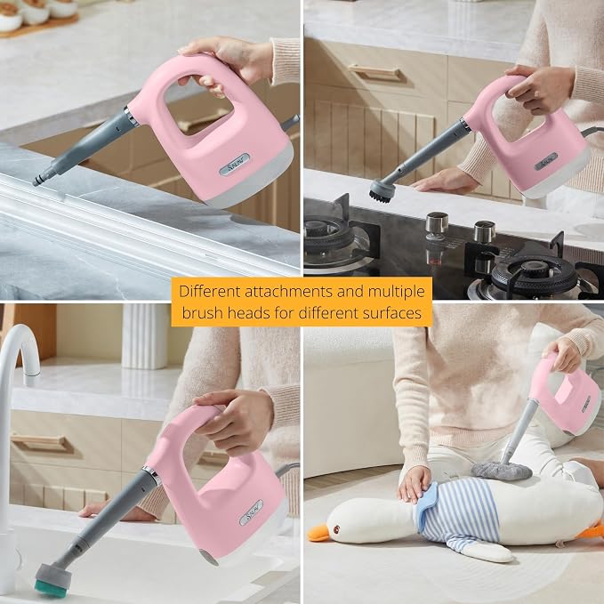 SALAV® CleanSteam Compact Steam Cleaner Pressurized Multi-Surface Handheld Steamer w/11pc Accessories, Safety Lock No-Drip Fast Heat Time Unlimited Use, for Cleaning Windows, Tiles, Grout, Car (Pink)