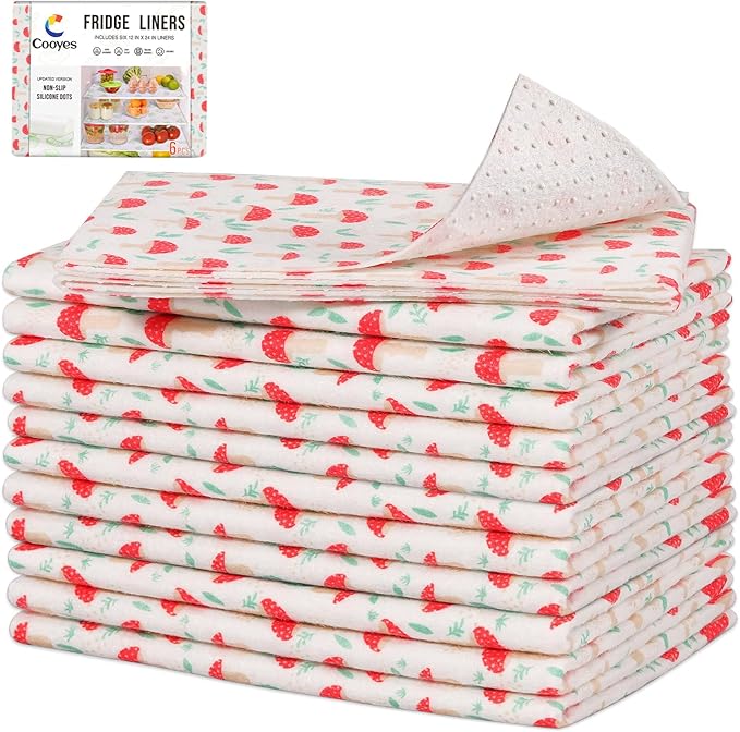 Cooyes 12 Pack Cloth Shelf Liners for Kitchen Cabinets, 17.7" × 24", Non-Slip Refrigerator Liners Machine Washable, Crisper Drawer Mats for Glass Shelves and Freezers, (Red Mushroom)