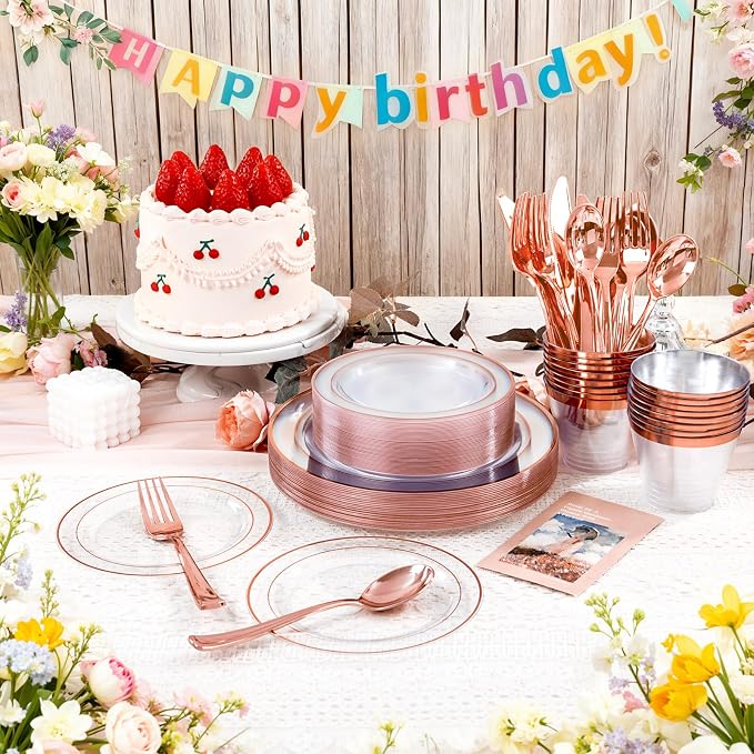 GATHER 350PCS Rose Gold Plastic Plates - Disposable Rose Gold Dinnerware Includes 100 Clear Rose Golds Rimmed Plastic Plates, 150 Silverware, 50 Napkins, 50 Cups for Party, Wedding, Baby Shower