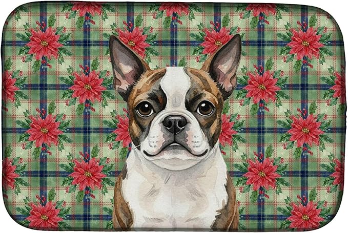 Caroline's Treasures Brindle Boston Terrier Christmas PoinsettIas Dish Drying Mat Absorbent Dish Drying Mat Pad for Kitchen Counter Dish Drainer Mat for Countertop, 14 x 21", Multicolor