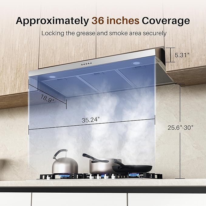 FIREGAS 36 Inch Under Cabinet Range Hood, Ducted/Ductless Convertible Kitchen Vent Hood with 3-Speed Exhaust Fan, 300 CFM, LED Lights, Stainless Steel Stove Hood for Kitchen