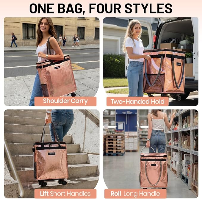 (Medium) Fanwoli Reusable Grocery Bag on Wheels with Upgraded Wrinkle-Resistant Fabric | Enhanced Stability Wheels & Extended Handle | Foldable Shopping Trolley for Laundry, Carries Up to 66 L