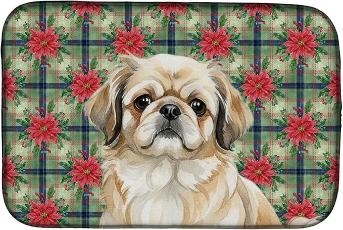 Caroline's Treasures Fawn Pekingese Christmas PoinsettIas Dish Drying Mat Absorbent Dish Drying Mat Pad for Kitchen Counter Dish Drainer Mat for Countertop, 14 x 21", Multicolor