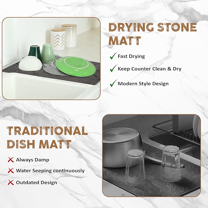 Stone Drying Mat for Kitchen Counter - Premium Diatomaceous Earth Mat | Quick Drying, Super Absorbent | Non-Toxic, BPA-Free, Eco-Friendly |16"x12" Standard Size (16"x12")