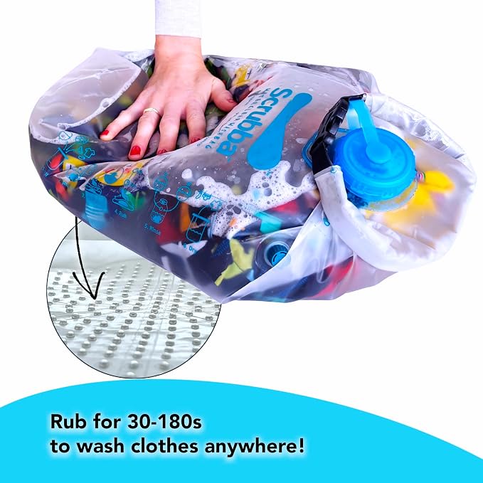 Scrubba WATERCLEAR Wash Bag - Patented Washboard-in-a-Bag™ Portable Manual Washing Machine for Travel, Camping, Backpacking & Cruise - Larger Water Inlet/Outlet for Easy Rinsing - (6.9 oz)