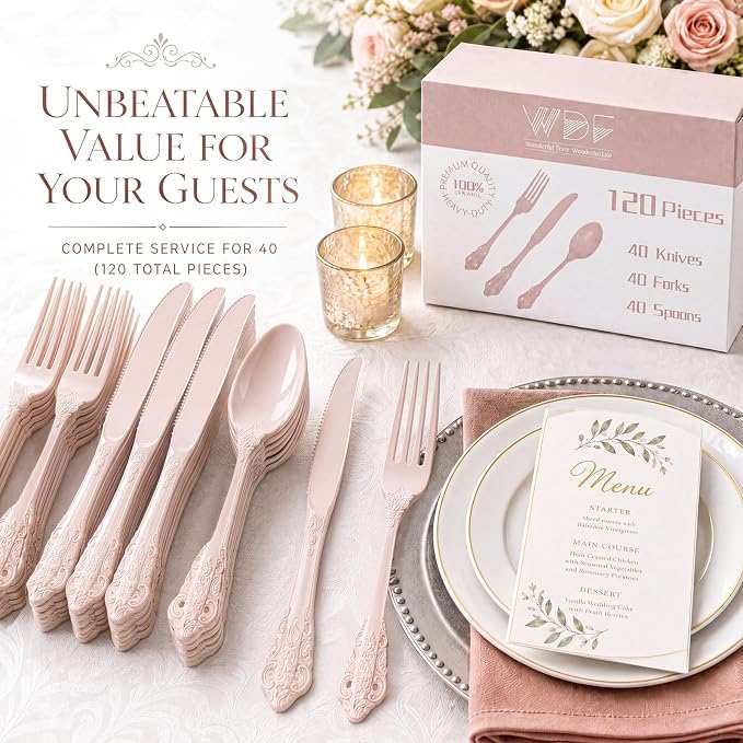 WDF 120 Pieces Heavy Duty Pink Plastic Cutlery Set - Disposable Utensils - Disposable Flatware Includes 40 Forks, 40 Spoons, 40 Knives for Party Baby Shower Wedding Spring