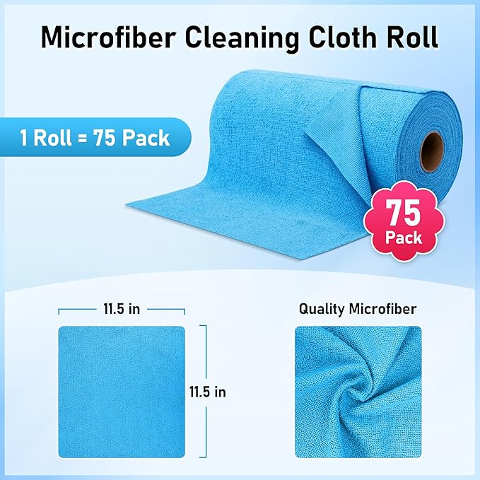 12 Pack 25''*15'' Microfiber Bathroom Hand Towels, with Microfiber Towel Roll, 75 Pack Tear Away Cleaning Towels, Reusable Microfiber Cleaning Cloths.