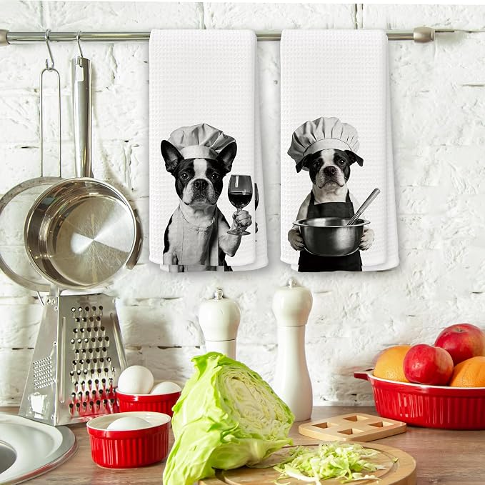 Funny Chef Boston Terrier Kitchen Towels Set of 2, Boston Terrier Dog Gifts for Women Dish Tea Towels for Kitchen, Dog Mom Lovers Owner Gifts Decorative Hand Towel, 16x24 Inch