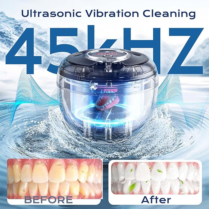 Ultrasonic Retainer Cleaner(2025 Upgraded), 45kHz Cleaning Machine for Dentures, Mouth Guards, Braces, Toothbrush & Jewelry, 200ML Denture Cleaner with 4 Modes for Dental Care