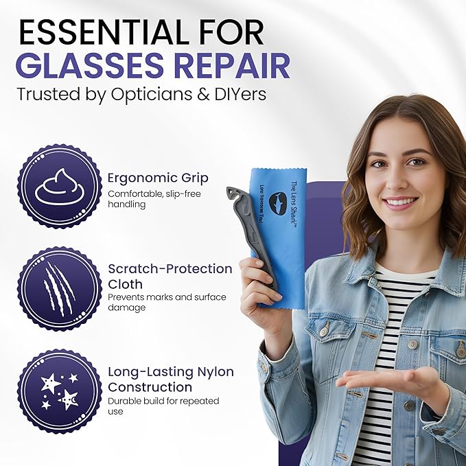 The Lens Shark™ | Advanced Eyeglass Repair Tool for Effortless Lens Removal & Insertion | Ergonomic, Durable Nylon Design | Essential for Glasses Repair Kit | Includes Protective Microfiber Cloth