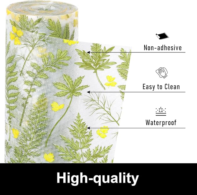 Cooyes Drawer Liner Shelf Liners for Kitchen Cabinets Botanical Refrigerator Liners Waterproof Kitchen Cupboard Liner Drawer Mats EVA Material Non Adhesive Fridge Liner for Shelves（17.5" W x 78.7" L）