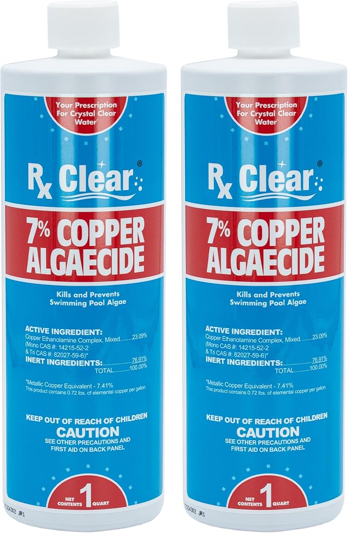 Rx Clear 7% Copper Algaecide | Kills and Prevents Algae for In-Ground and Above Ground Swimming Pools | Safe Formula for Swimmers | One Quart Bottles | 2 Pack