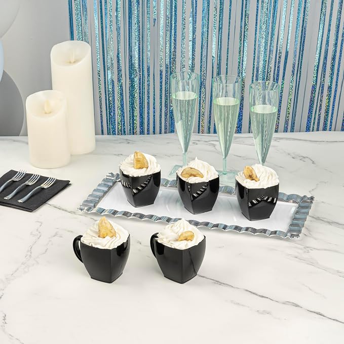 Restaurantware-5 Ounce Square Espresso Cups, 100 Disposable Plastic Coffee Cups - PS Plastic, With Handles, Black Dessert Cup, For Catering Events, Parties, Weddings, And Cafes