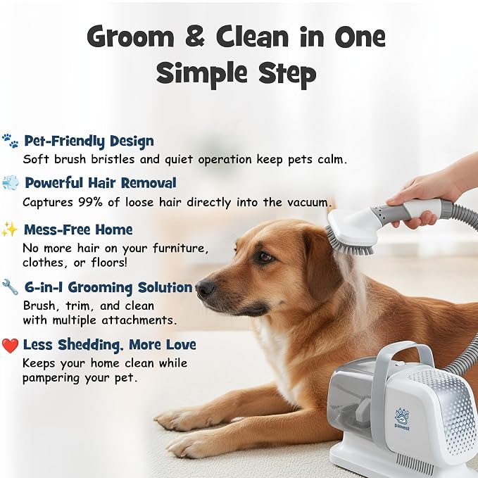 Dog Grooming Vacuum - Pet Hair Trimmer, Dog Hair Clippers with 7 Attachments - All-in-One Pet Grooming Kit with 3-Level Suction and Speed Settings with Temperature Control Protection