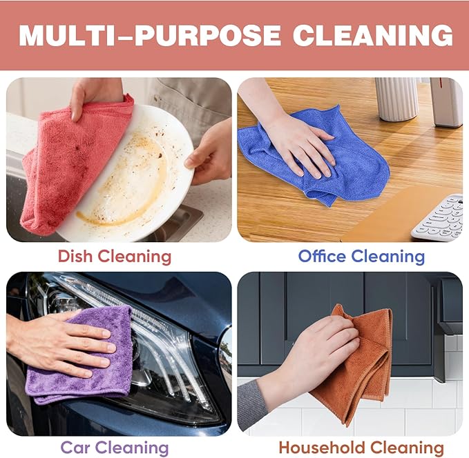 TEAWOO 10 Colors Microfiber Cleaning Cloths, 150 Pack Assorted Cleaning Rags, Highly Absorbent Microfiber Towels for Car, Kitchen, Bathroom and Household Cleaning, 11.8"X11.8"