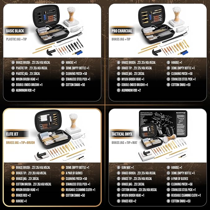 GLORYFIRE Universal Gun Cleaning Kit Fits .22 .357/9mm .38 .40 .45 Cal Handguns & Pistols Compact Carrying Case for Portability Multiple Styles with Brass or Plastic Jags & Tips for Shooting and Range